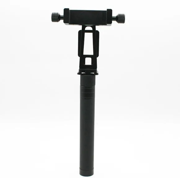 Black retractable selfie stick extended to full 100cm length with phone attached and Bluetooth remote control