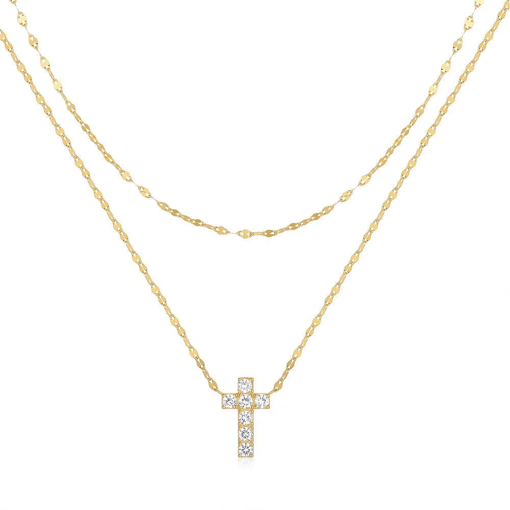 S925 sterling silver double-layer twin diamond cross necklace on clavicle chain in gold finish