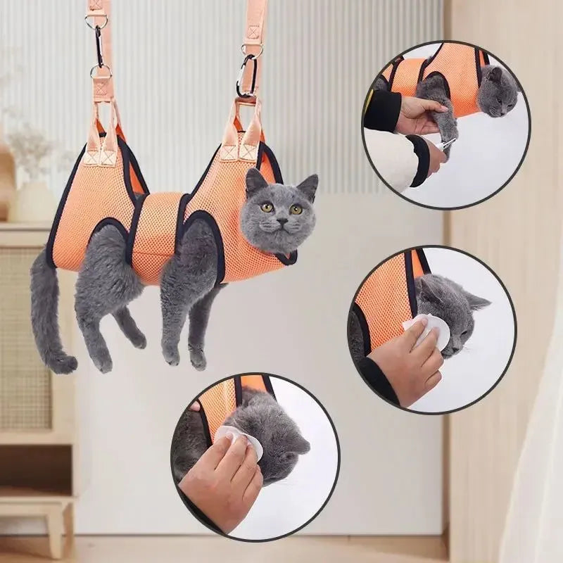 Cat grooming restraint bag with four adjustable openings hanging as a hammock