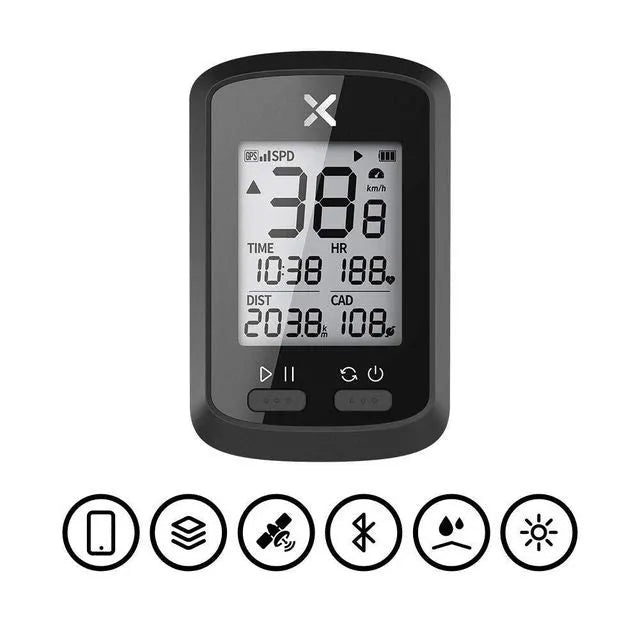 Black waterproof bicycle stopwatch with LCD screen and detachable wrist strap.