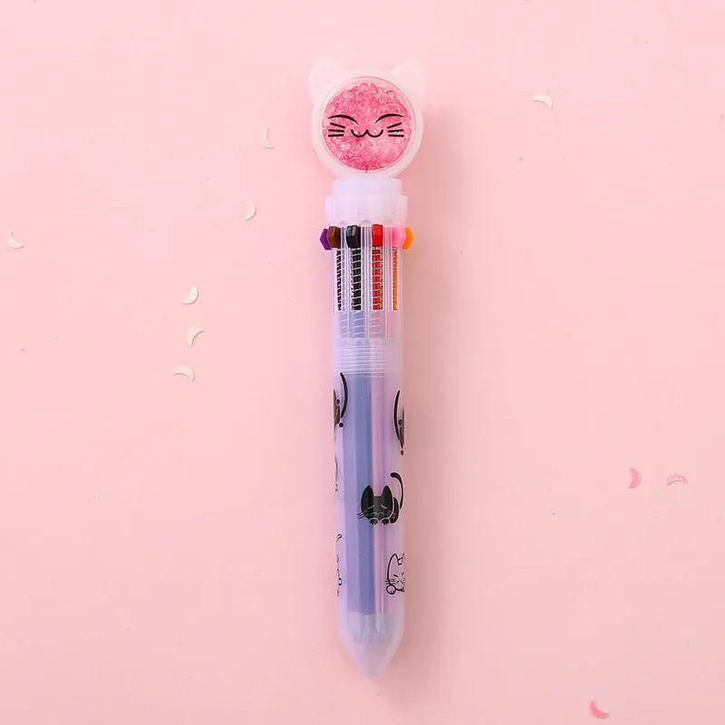 Cute cat design ten-colour push-type student pen with 0.5mm nib and 15cm length