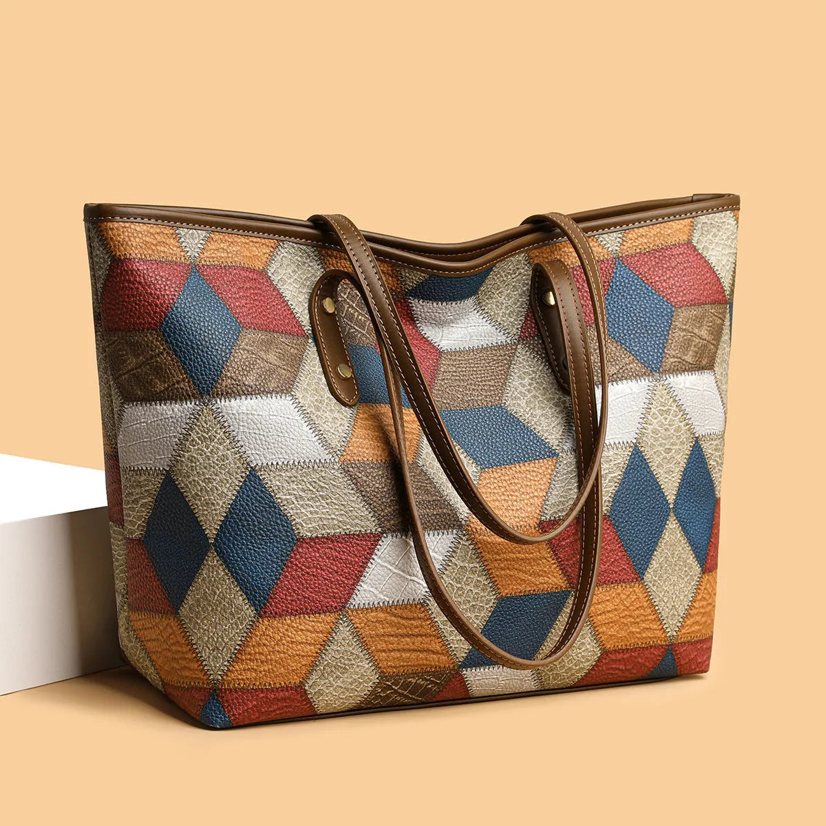 Women's blue brown PVC handbag with sandwich pocket design for business and travel