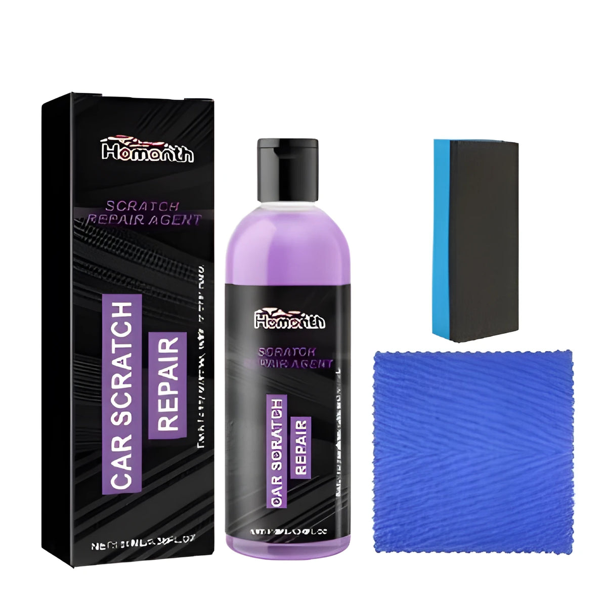 Scratch repair agent kit with 100ml bottle, microfibre cloth, and applicator sponge