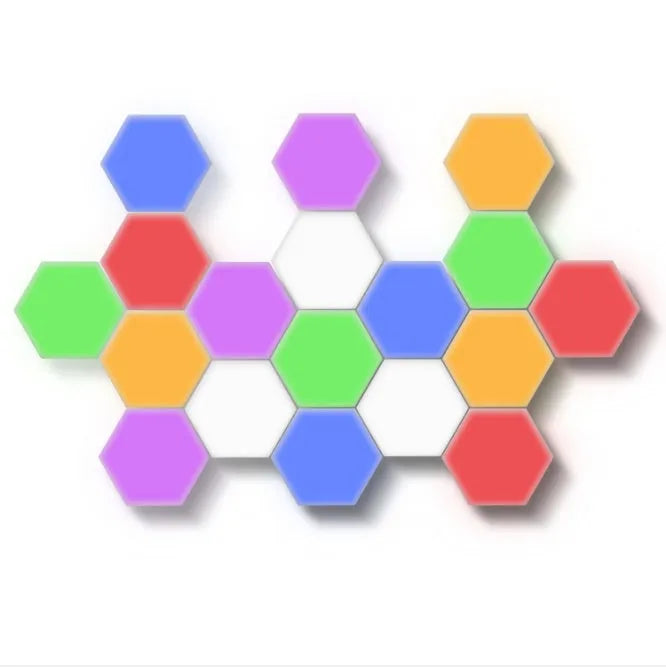 Hexagonal modular wall lamp with touch controls showing geometric arrangement on wall