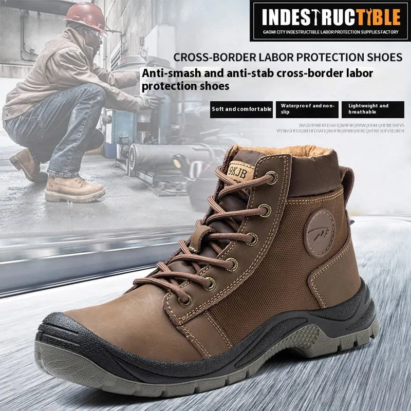 Orange and grey labour protection safety shoes with leather upper and rubber sole for workplace hazards