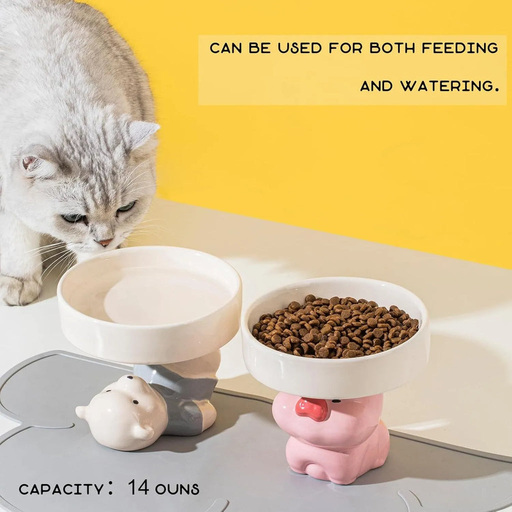 Raised ceramic cat bowl with animal design, showing 4.92-inch elevation and 5.9-inch wide opening for whisker-friendly feeding