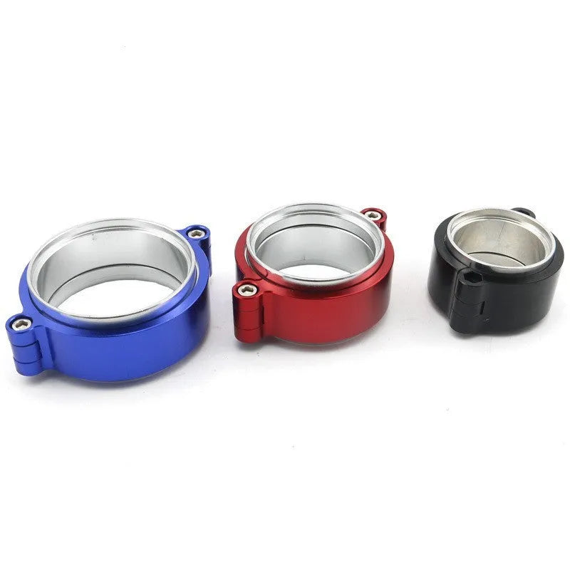 Aluminium fixed movement clamp for automotive turbine exhaust downspouts in black, blue, or red