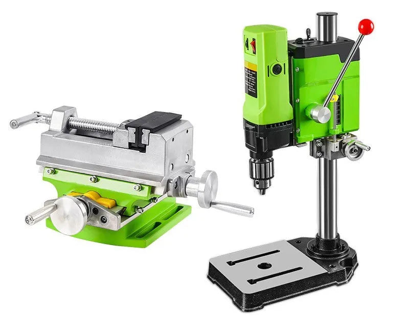 Mini bench drill and milling machine with 240W motor on a workbench for drilling and milling tasks