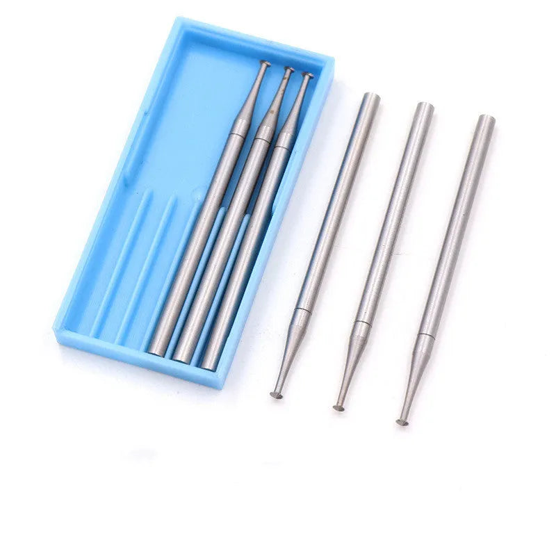 Six tungsten steel carving cutters with thin disc needle heads in sizes from 1.0mm to 2.0mm, each with a 2.35mm mandrel.