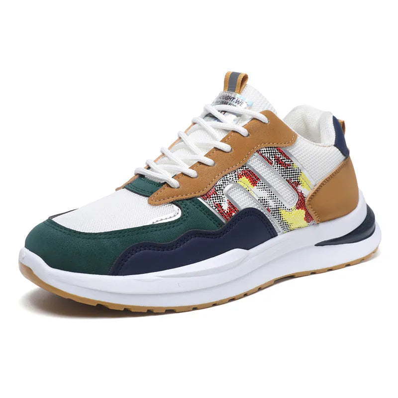 Men's white green mesh sports casual shoes with a leather toe holder on a plain background.