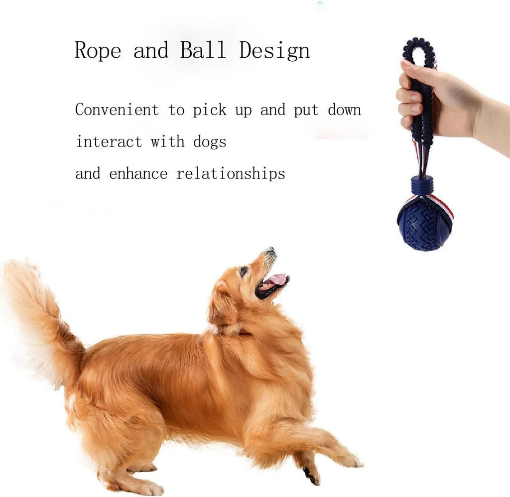 Blue dog ball with rope toy showing 6.5cm rubber ball and 29cm rope for dental cleaning and tugging games
