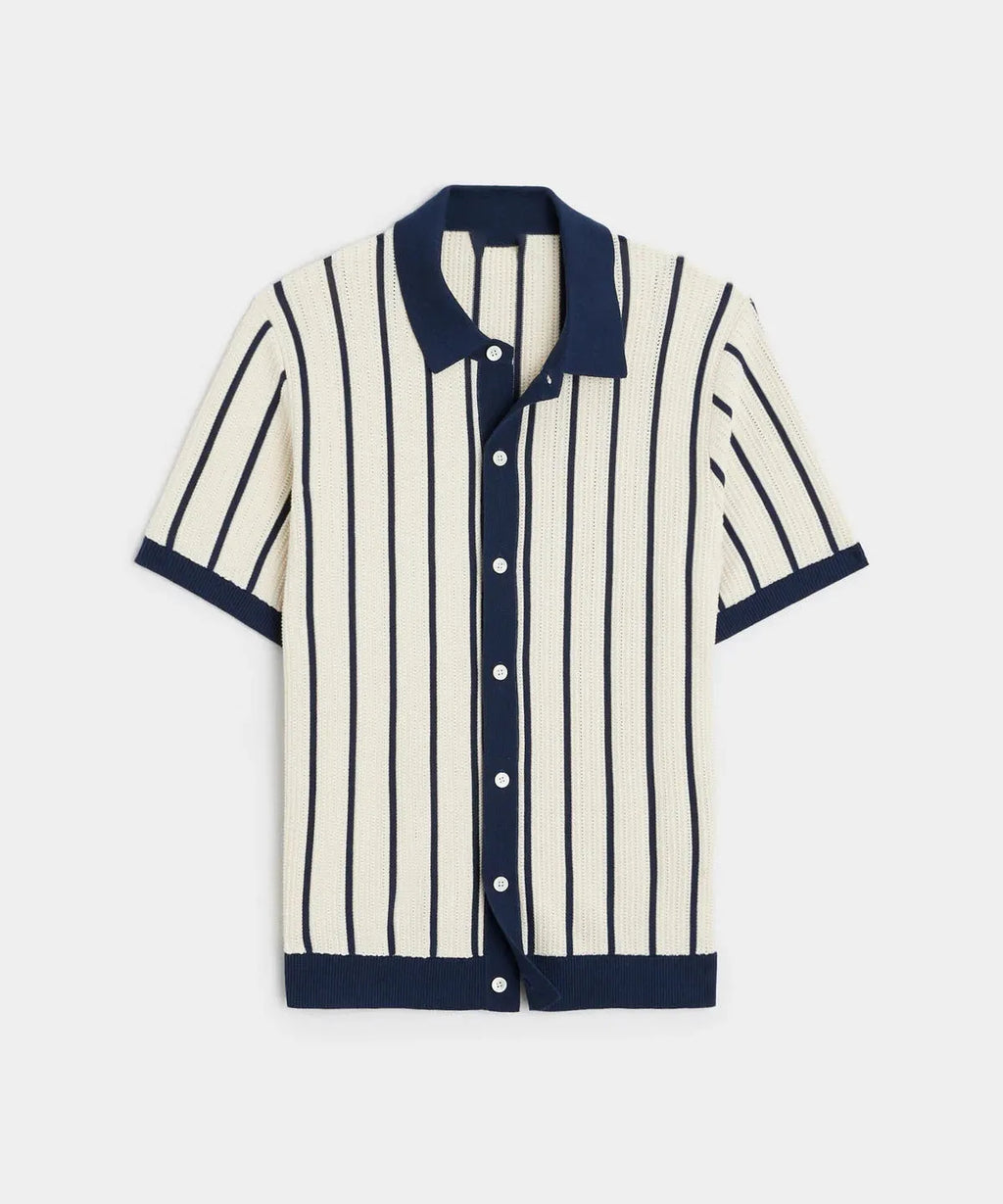 Men's white asymmetric lapel knitted top with short sleeves and striped pattern, made from ice silk and spandex fabric