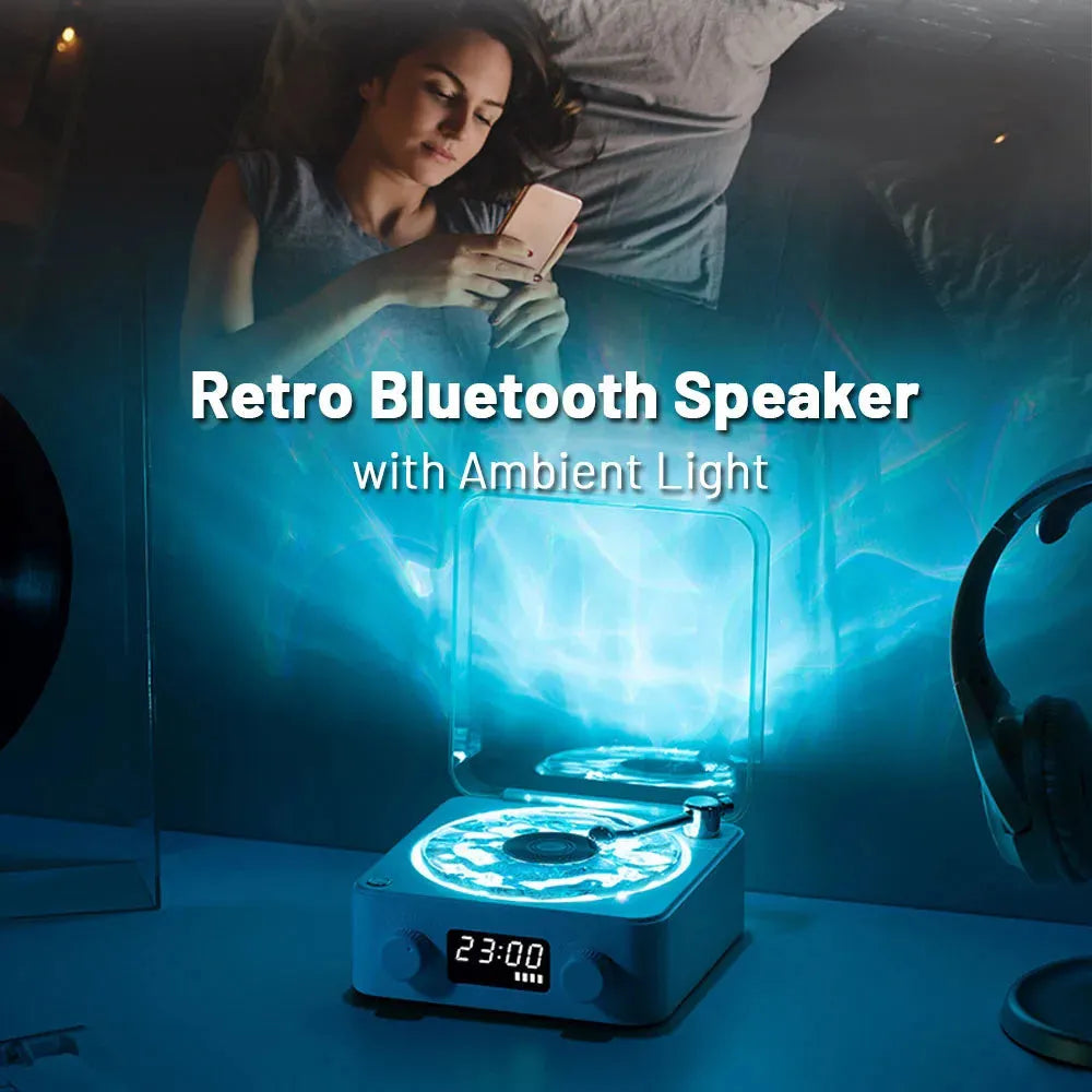 Retro-style Bluetooth speaker with rotating vinyl turntable and RGB coloured lighting effects