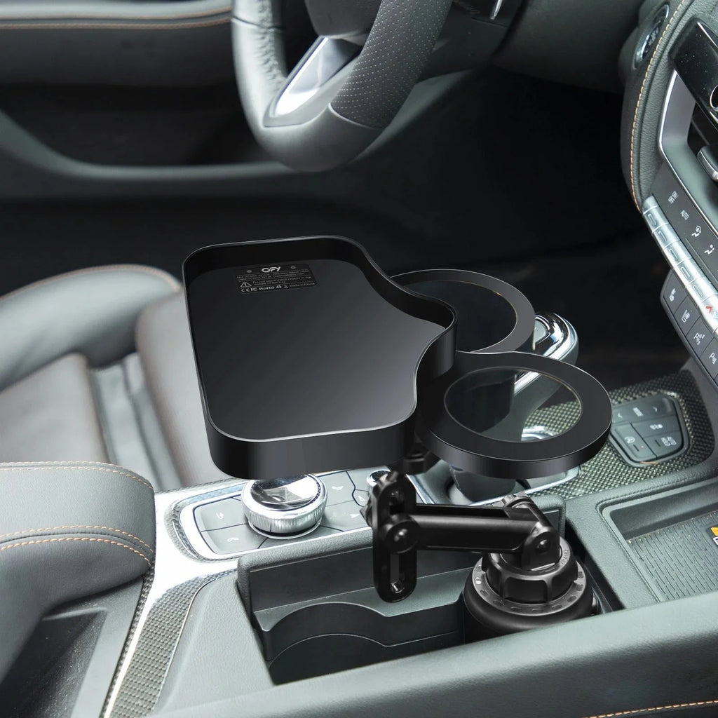Car cup holder with wireless charging, ABS dashboard mount, 15W output, Type-C line, instrument panel use.