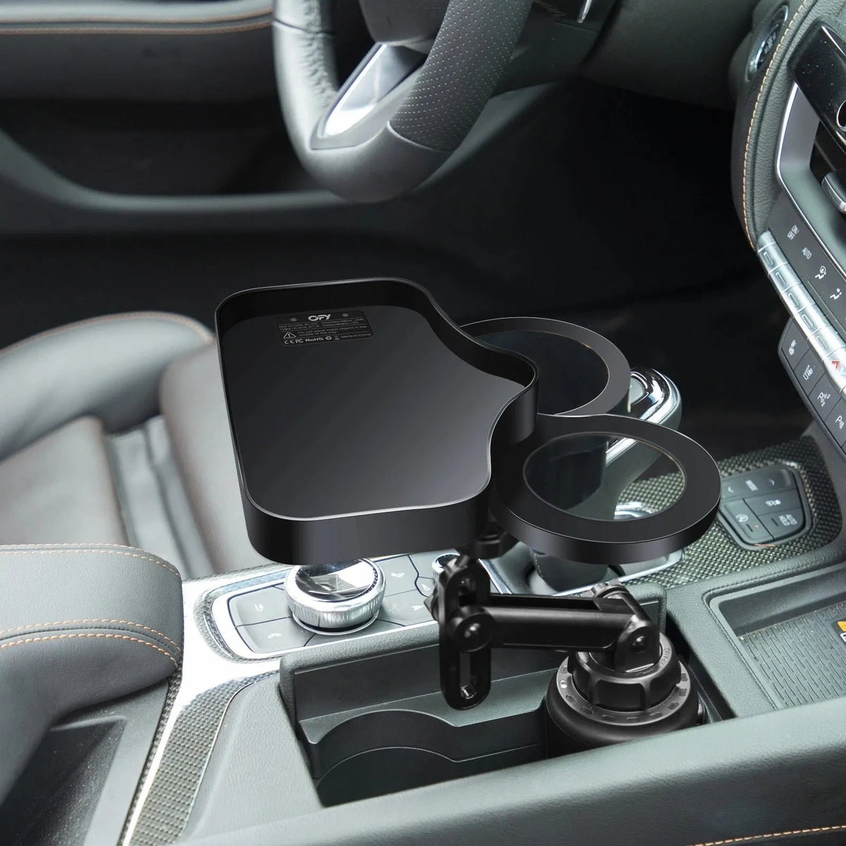Car cup holder with wireless charging, ABS dashboard mount, 15W output, Type-C line, instrument panel use.