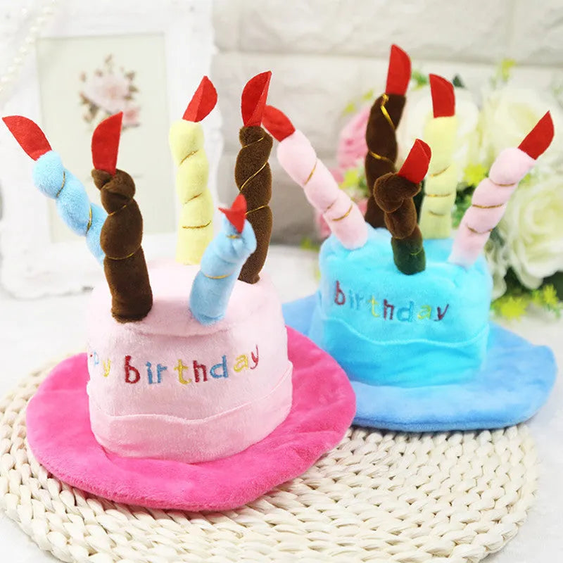 Blue and pink dog birthday hat toy showing 21x15x6.5cm dimensions for pet celebrations