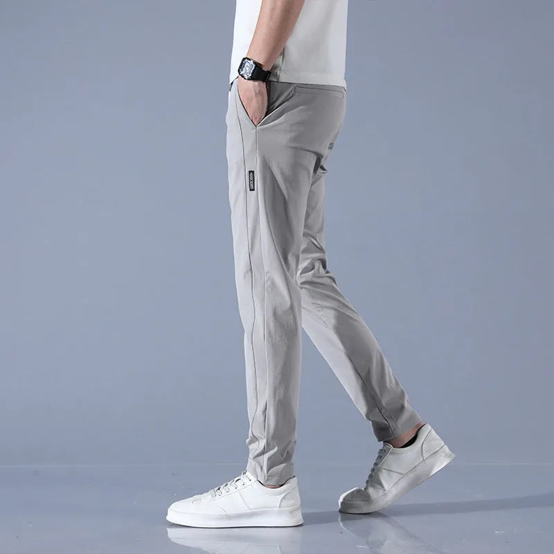 Men's summer ice silk straight trousers in polyester blend, high waist drawstring, light green, light grey, dark grey, black