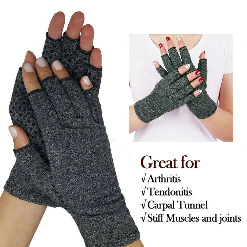 Gray joint compression gloves with anti-slip silicone grips and half-finger design for arthritis support