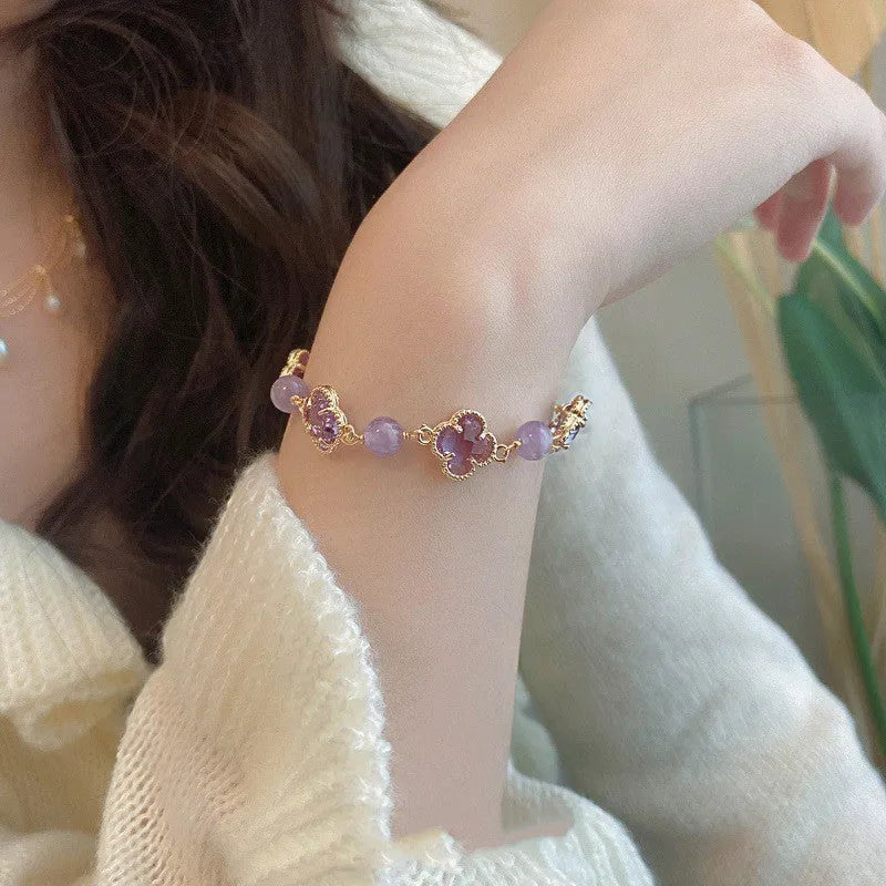 Women's artificial amethyst bracelet with pearl and four-leaf clover charm on U-shaped crystal bangle