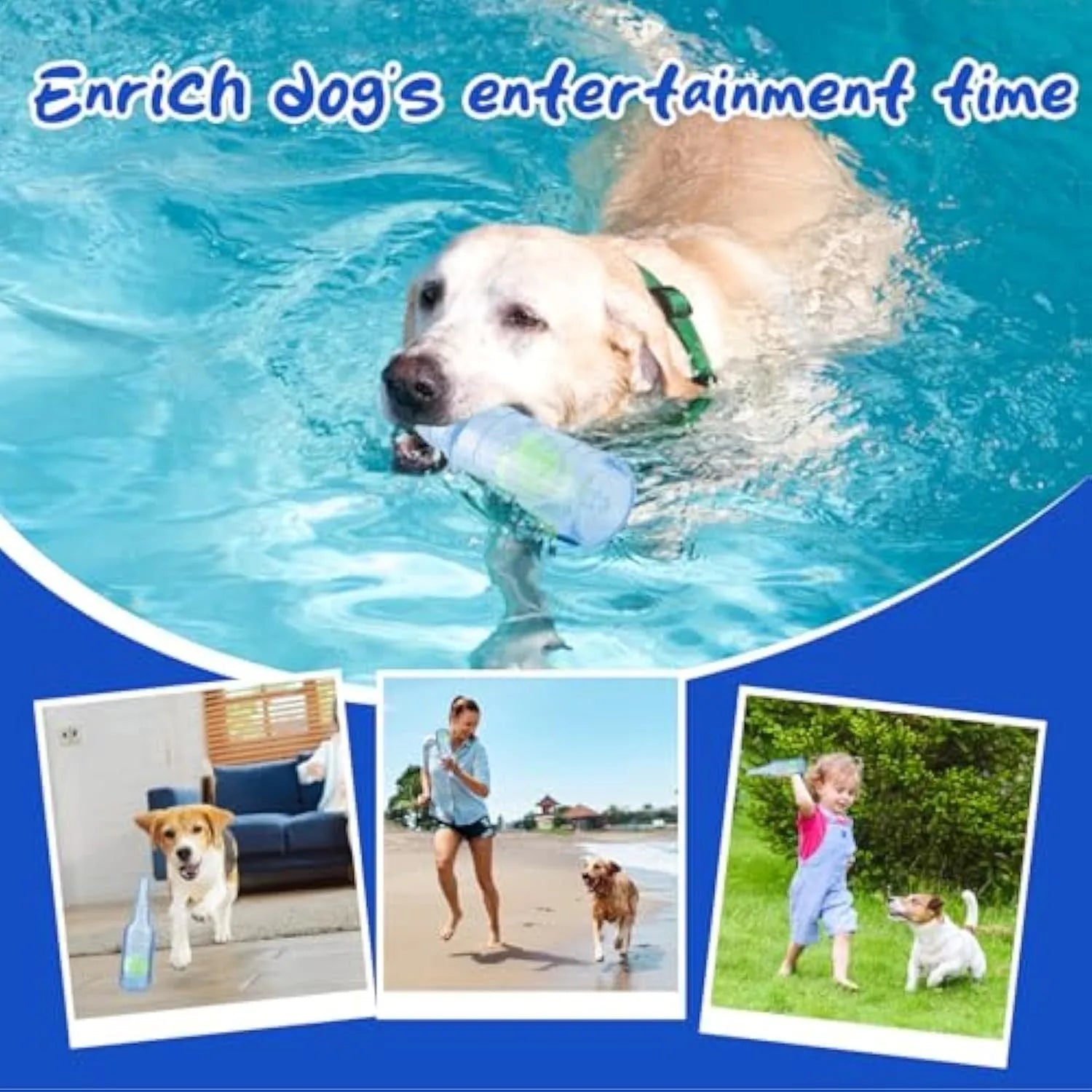 Blue squeaky dog toy shaped like a water bottle with a natural rubber cruncher texture.