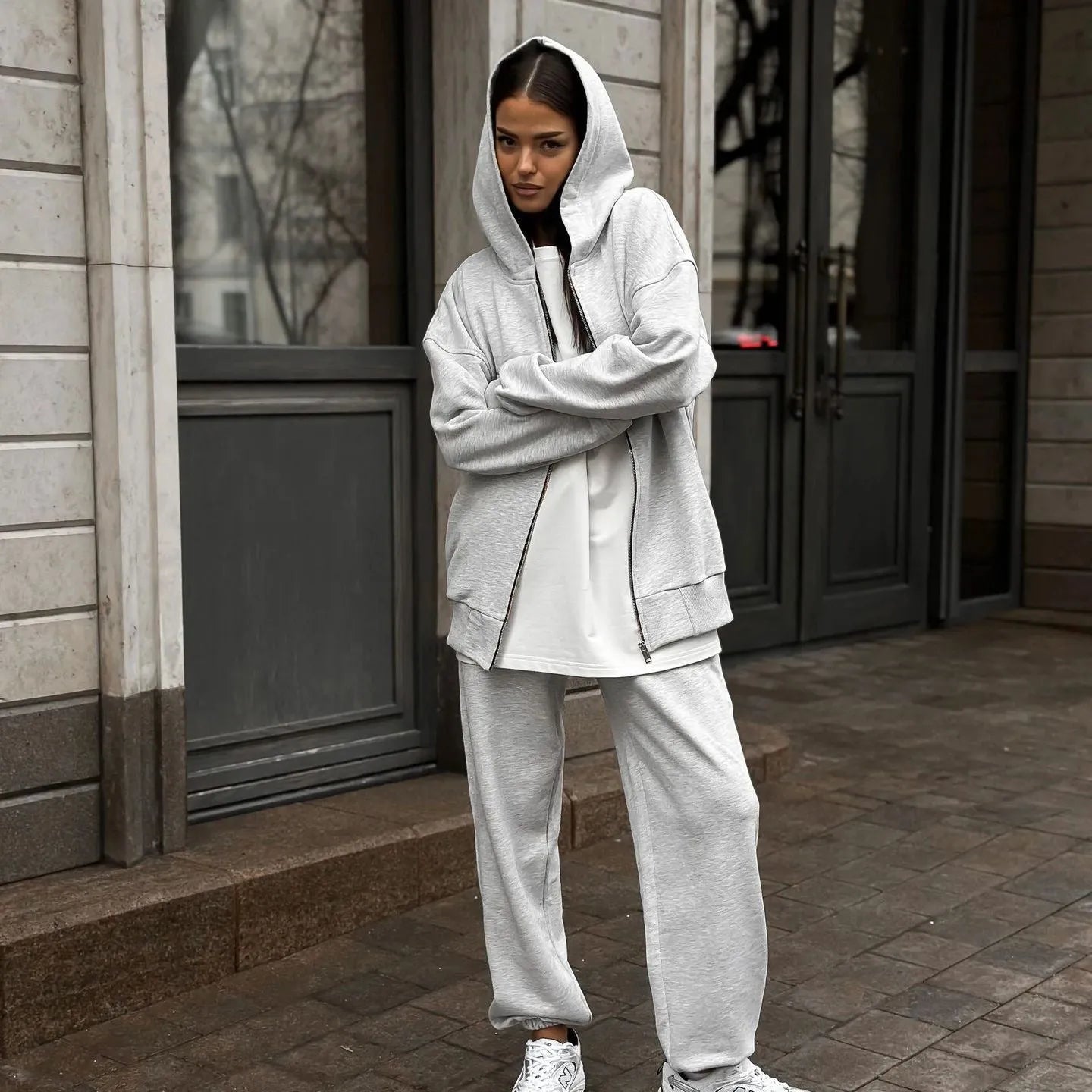 Red loose-fit long sleeve coat and trousers street style two-piece set on a hanger