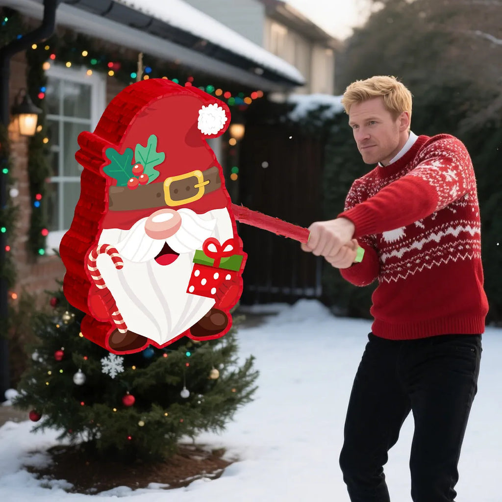 Christmas dwarf pinata decoration with strike stick and eye mask for party games