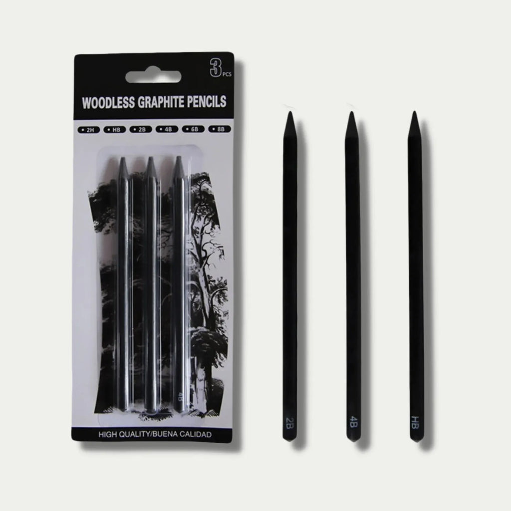 Set of 6 wood-free graphite sketching pencils with graded hardness labels HB 2B 4B 6B 8B EE