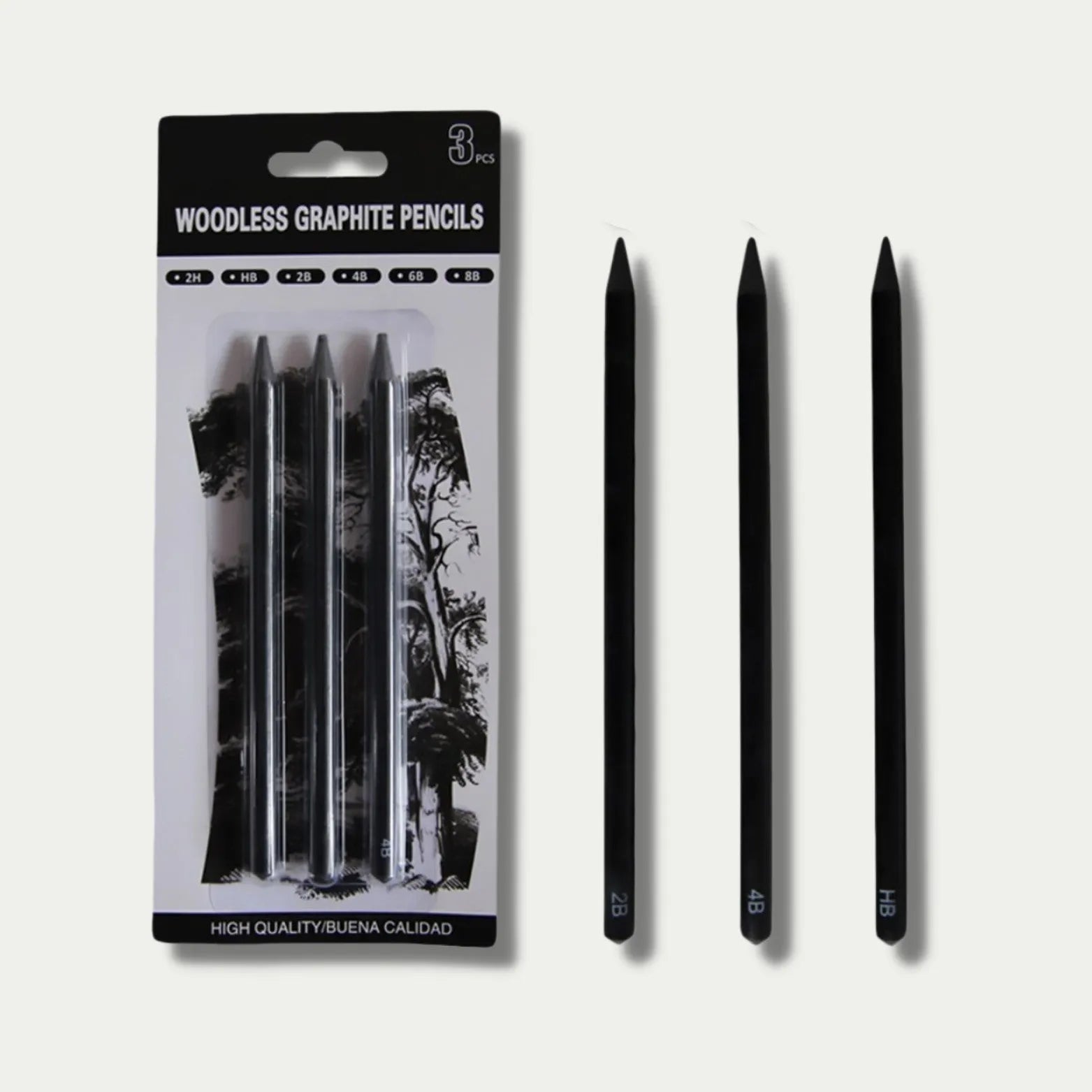 Set of 6 wood-free graphite sketching pencils with graded hardness labels HB 2B 4B 6B 8B EE