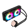 CPU radiator with RGB lighting showing aluminium construction and multiple colour options for PC cooling