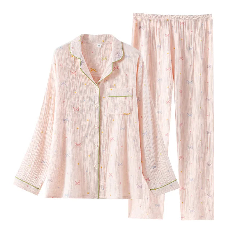 Women's cotton pajamas set in pink or beige with long sleeves and trousers, thin crepe fabric for home wear
