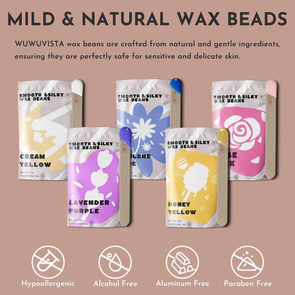 Waxing Set 52pc Professional Kit with hard wax beans, wax warmer, protection collar, and post-treatment lotion and ice masks for sensitive skin hair removal