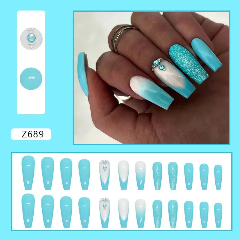 Solid colour long ballet false nails with blue diamond glue bottle, 24 pre-shaped patches