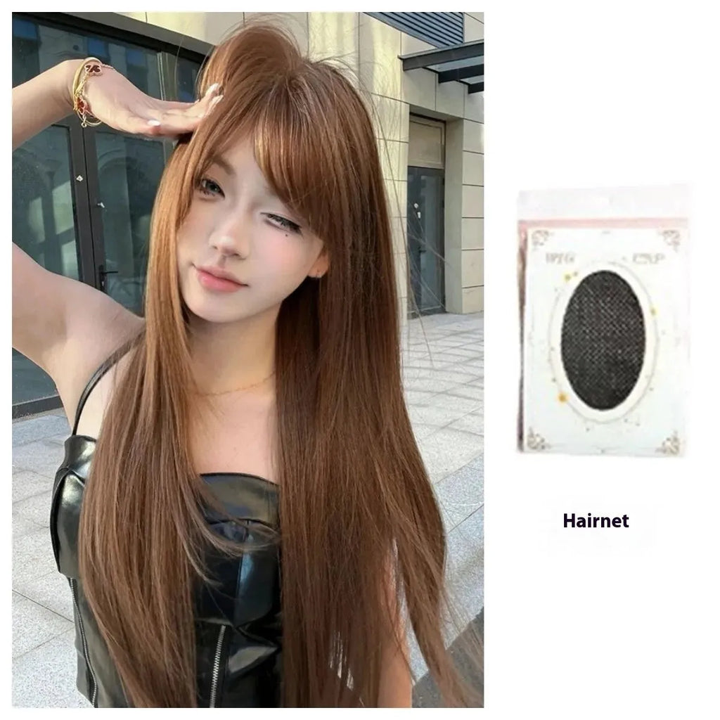 Warm tea chestnut brown long straight synthetic wig with bangs on display