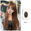 Warm tea chestnut brown long straight synthetic wig with bangs on display