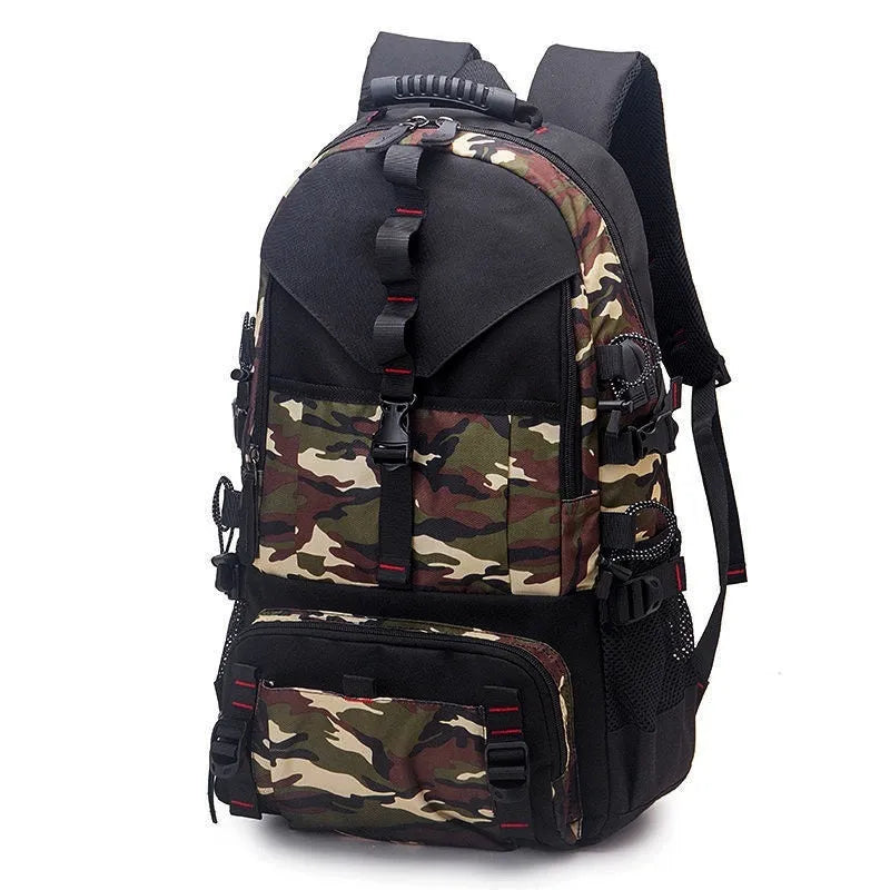 Men's waterproof Oxford cloth hiking backpack with 56-75 litre capacity and air pillow belt system in black colour