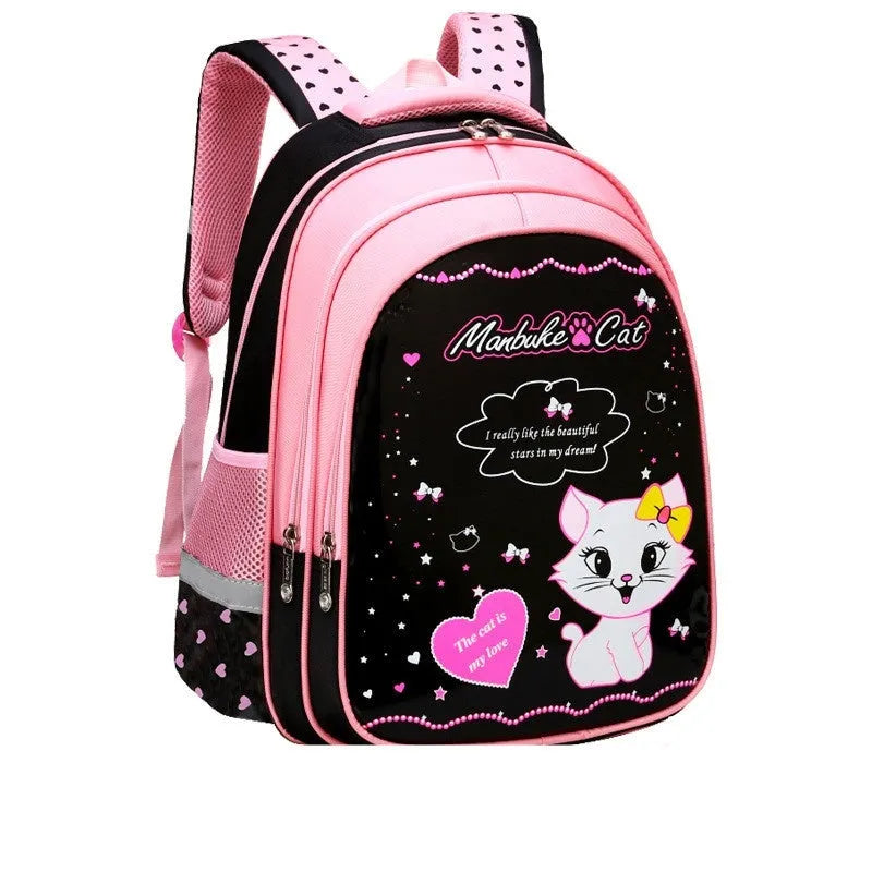 Kids school backpack with cute cat print, nylon, zipper, computer pocket, large and small sizes