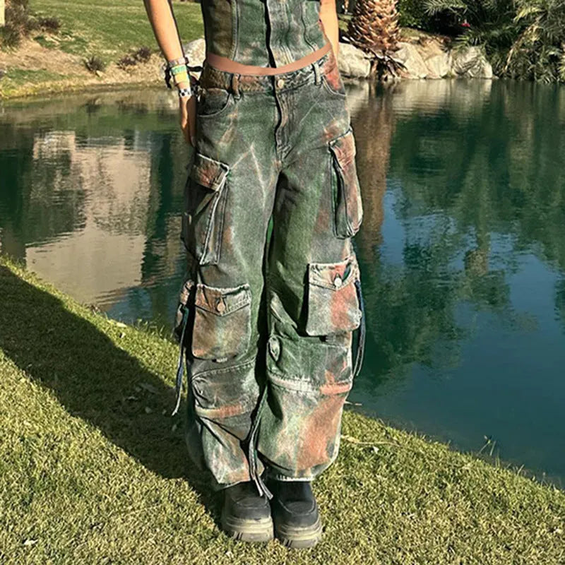 Loose cargo denim trousers with gradient colour pockets on a model, showing street hipster style.