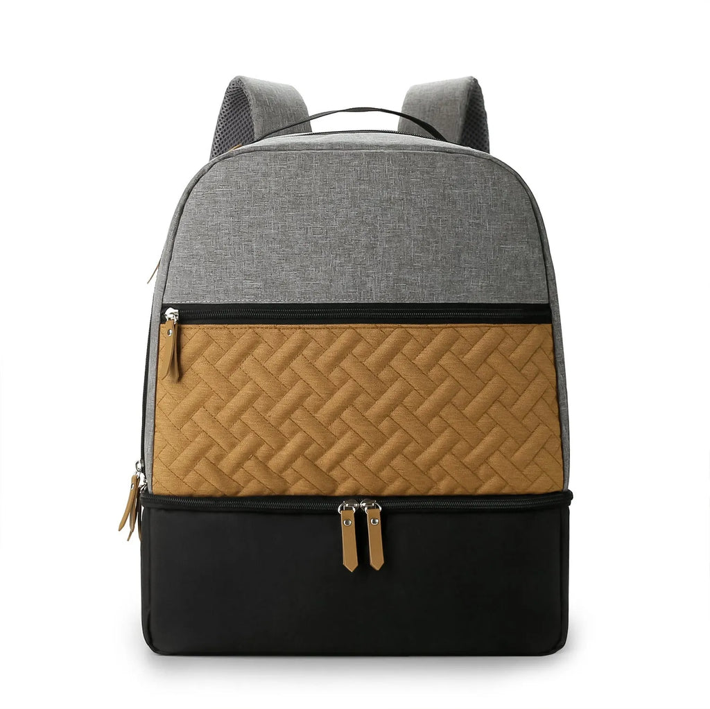 Gray insulated mother and child travel backpack with curved shoulder straps showing multiple compartments