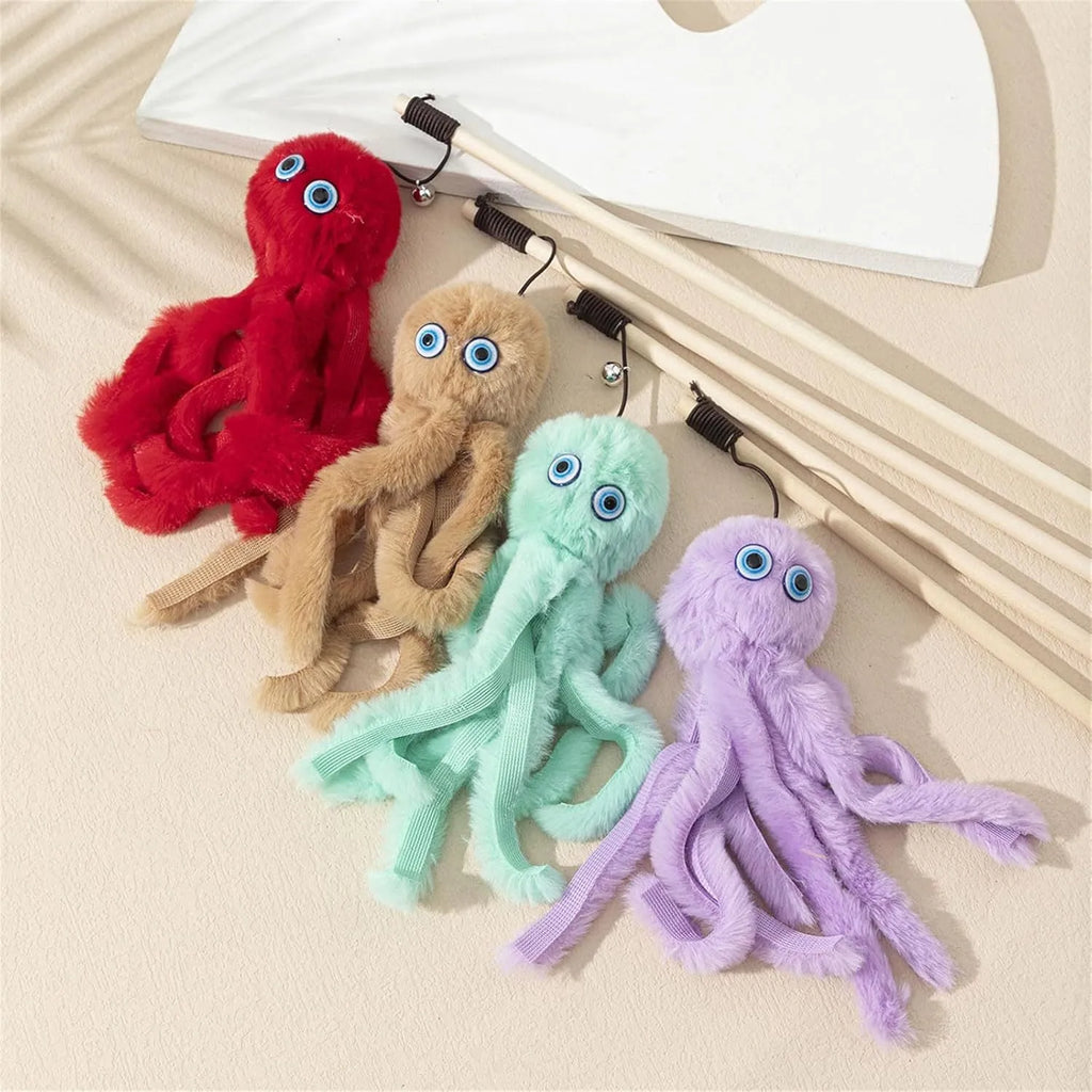 Octopus-themed cat toy on a 40cm stick in bright colours for indoor kitten play
