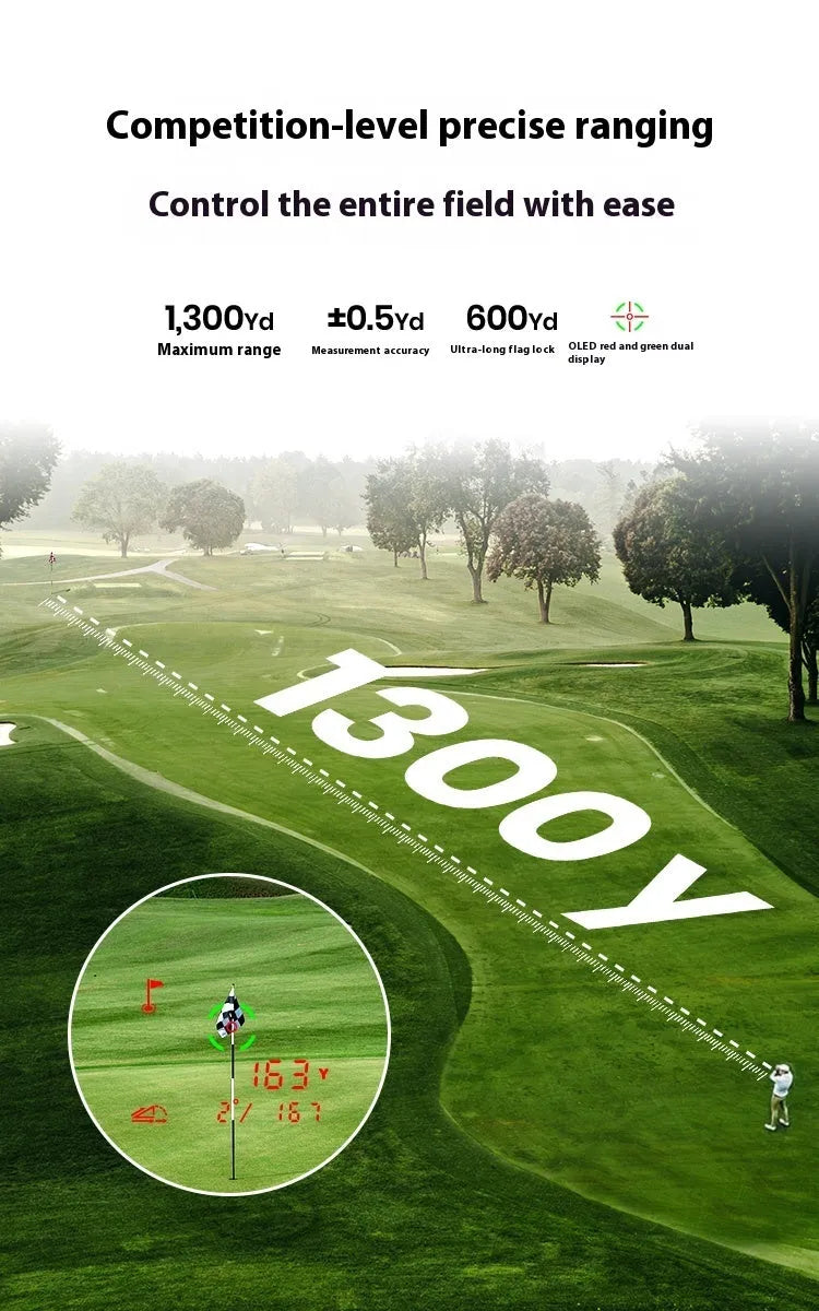 GenePro G1 black GPS rangefinder showing 2.13-inch AMOLED screen with distance measurement display