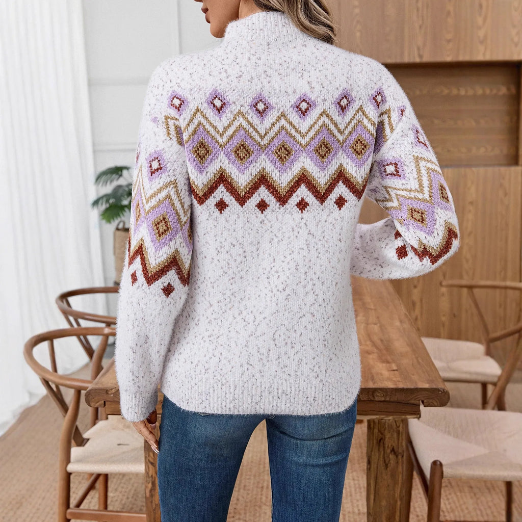 White geometric jacquard half turtleneck sweater with loose fit and thick chenille fabric