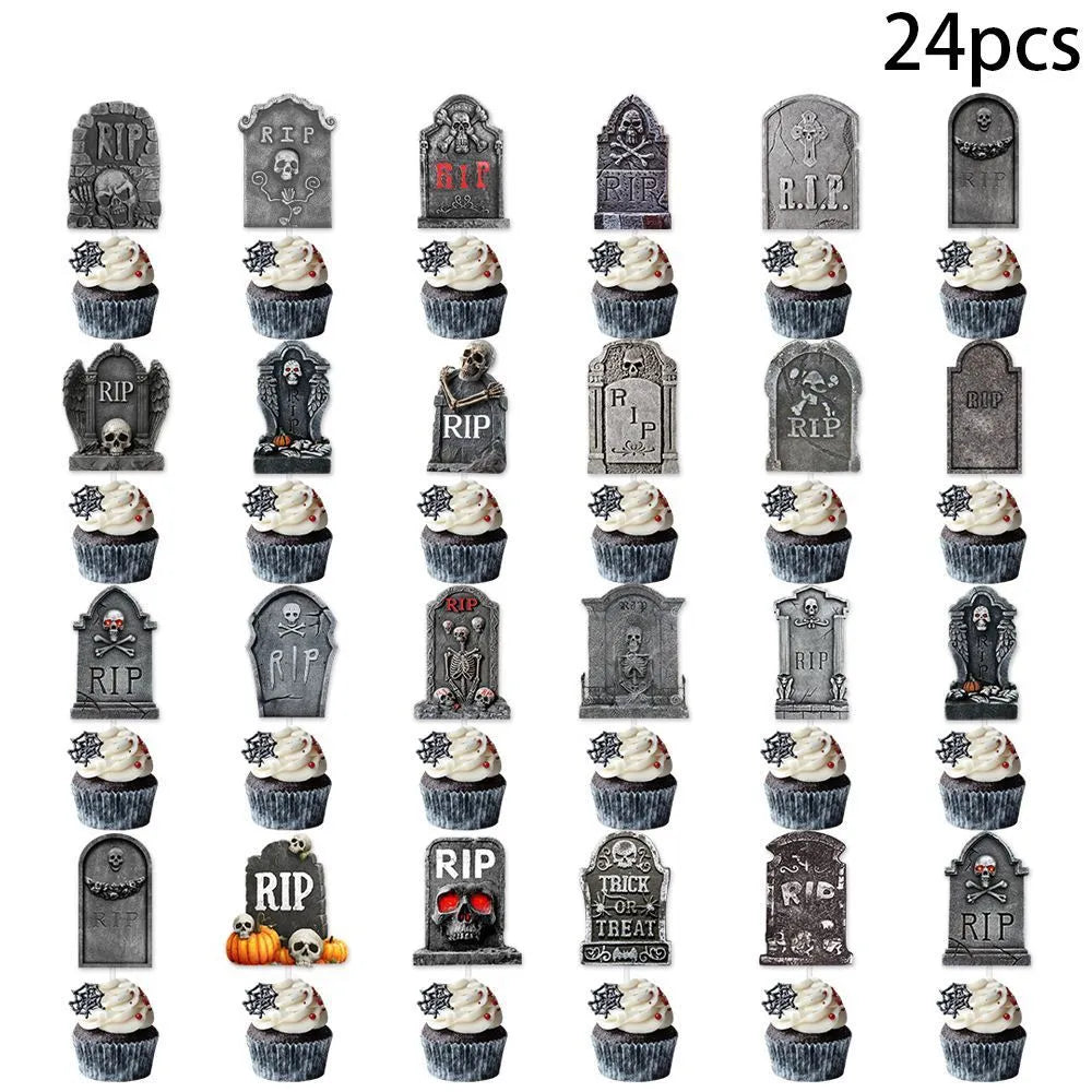 Pack of twelve small paper Halloween cake flags with tombstone designs in horror styles for spooky decoration
