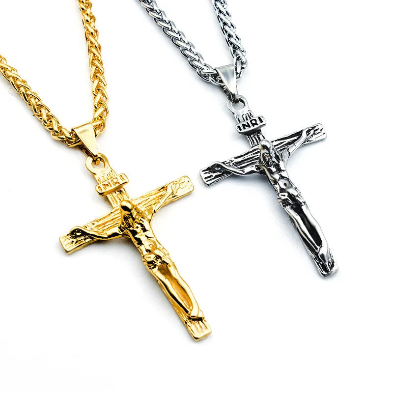 Unisex 60cm keel chain necklace with alloy cross or flower basket pendant in silver or gold