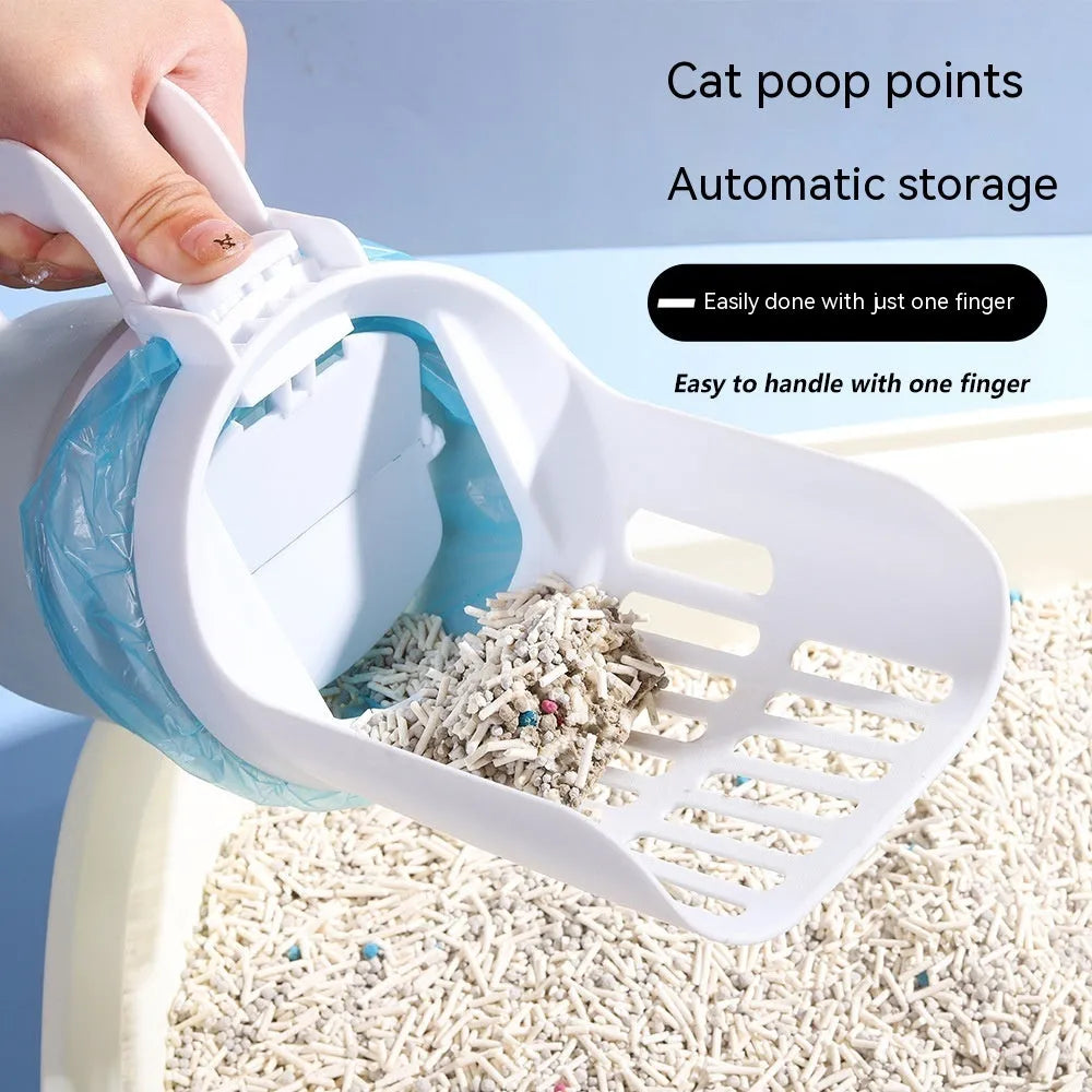 Grey foldable cat litter scooper and waste bin system with a handle and sheltered lid.
