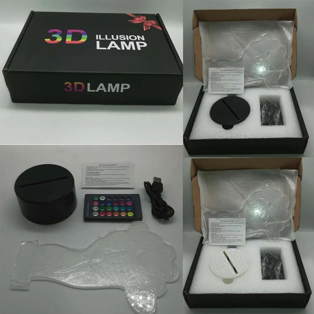 3D rose flower night light with acrylic board, ABS base, and remote control, showing seven colour options