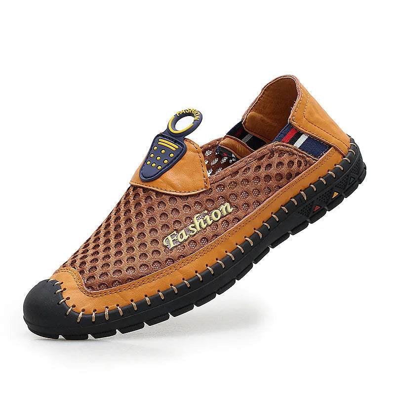 Men's brown mesh casual shoes with round toe and rubber soles on neutral background