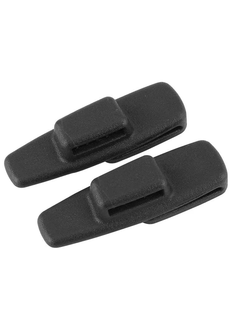 Two black ABS plastic car seat belt stopper clips with black socks in clear OPP packaging