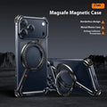 Black metal frame iPhone case with integrated magnetic bracket showing side profile and viewing angle