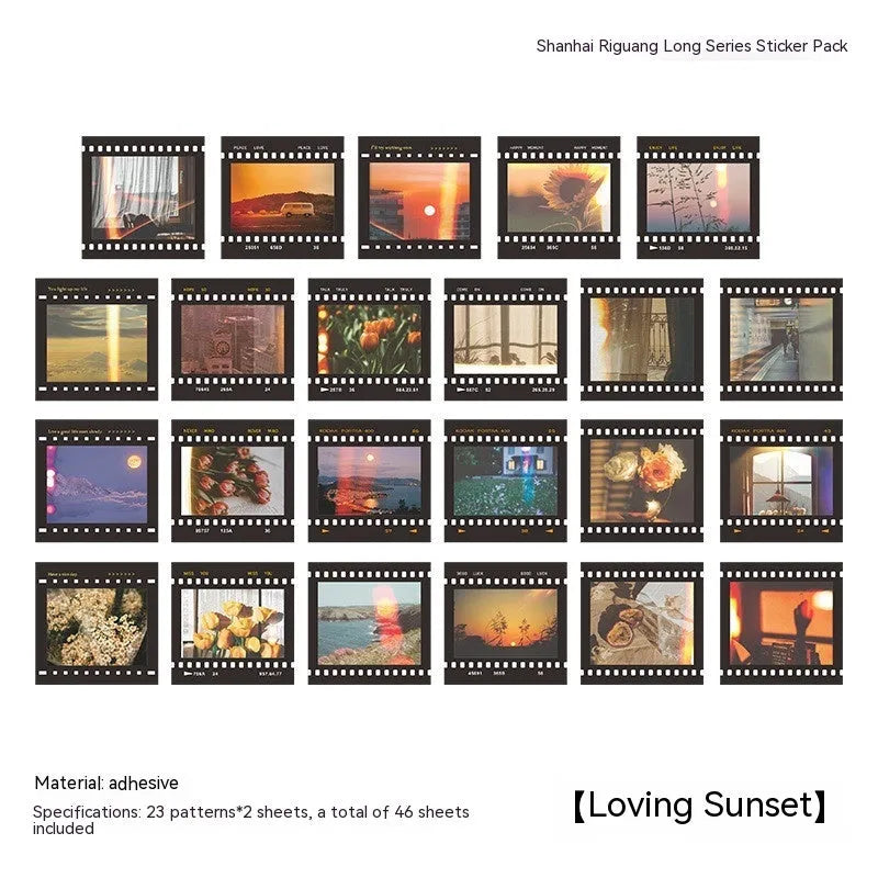 Mountain and Sea Sunshine decorative sticker collection showing six colour variations in 44mm square format