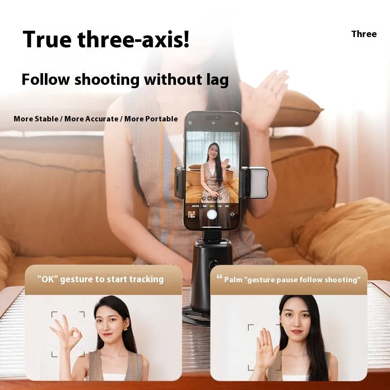 A200 desktop mobile phone bracket with intelligent face tracking and rotating camera head with black ribbon lights